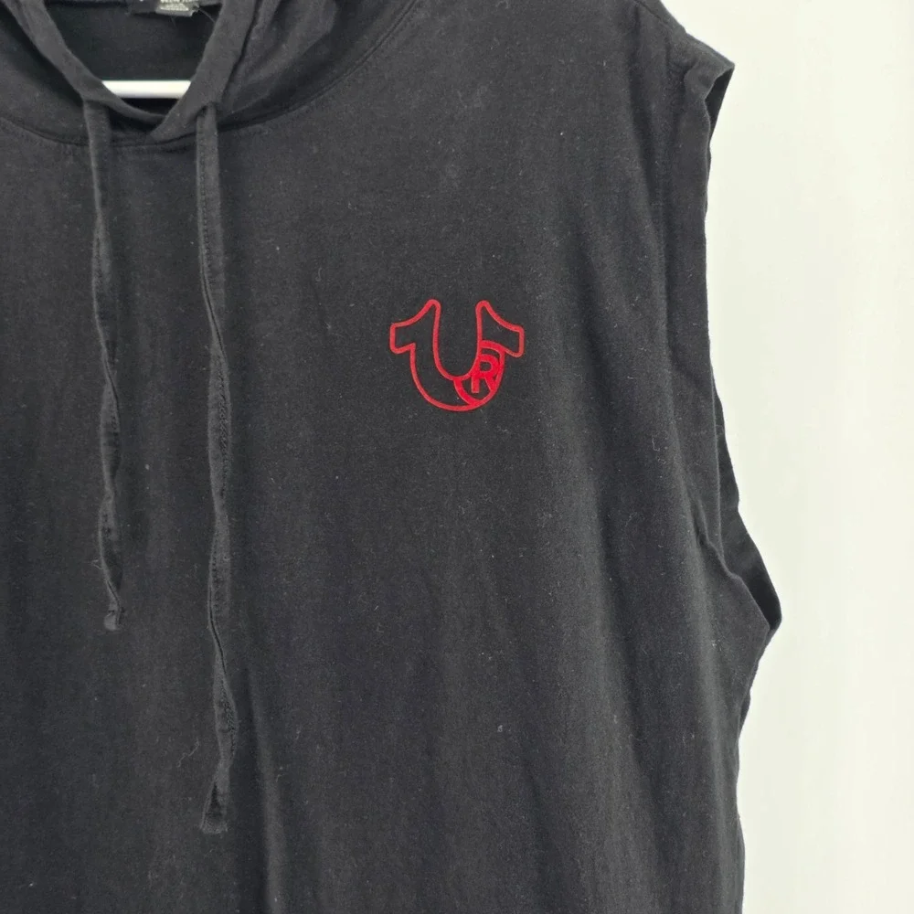 True Religion Sleeveless Hoodie Mens Large Black Graphic Buddha Horseshoe Logo